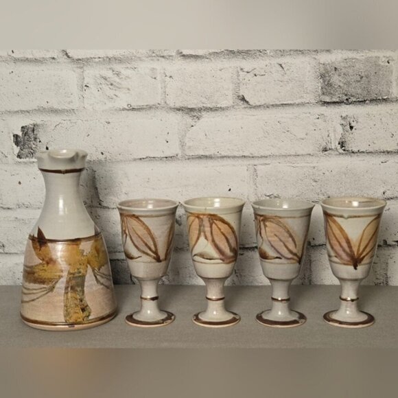 Signed Robin Hopper Studio Pottery Wine Set Canadian Ceramic Decanter + Goblet - Picture 3 of 15